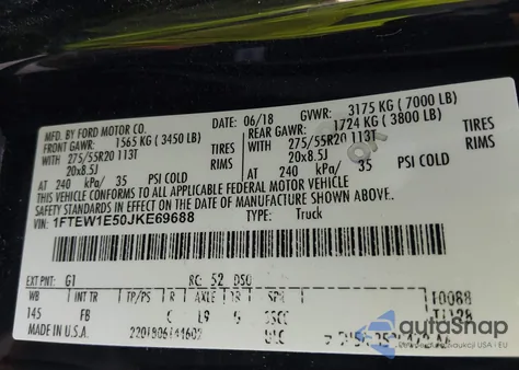 2018 Ford F-150 Xlt из США, поврежденный, VIN 1FTEW1E50JKE69688